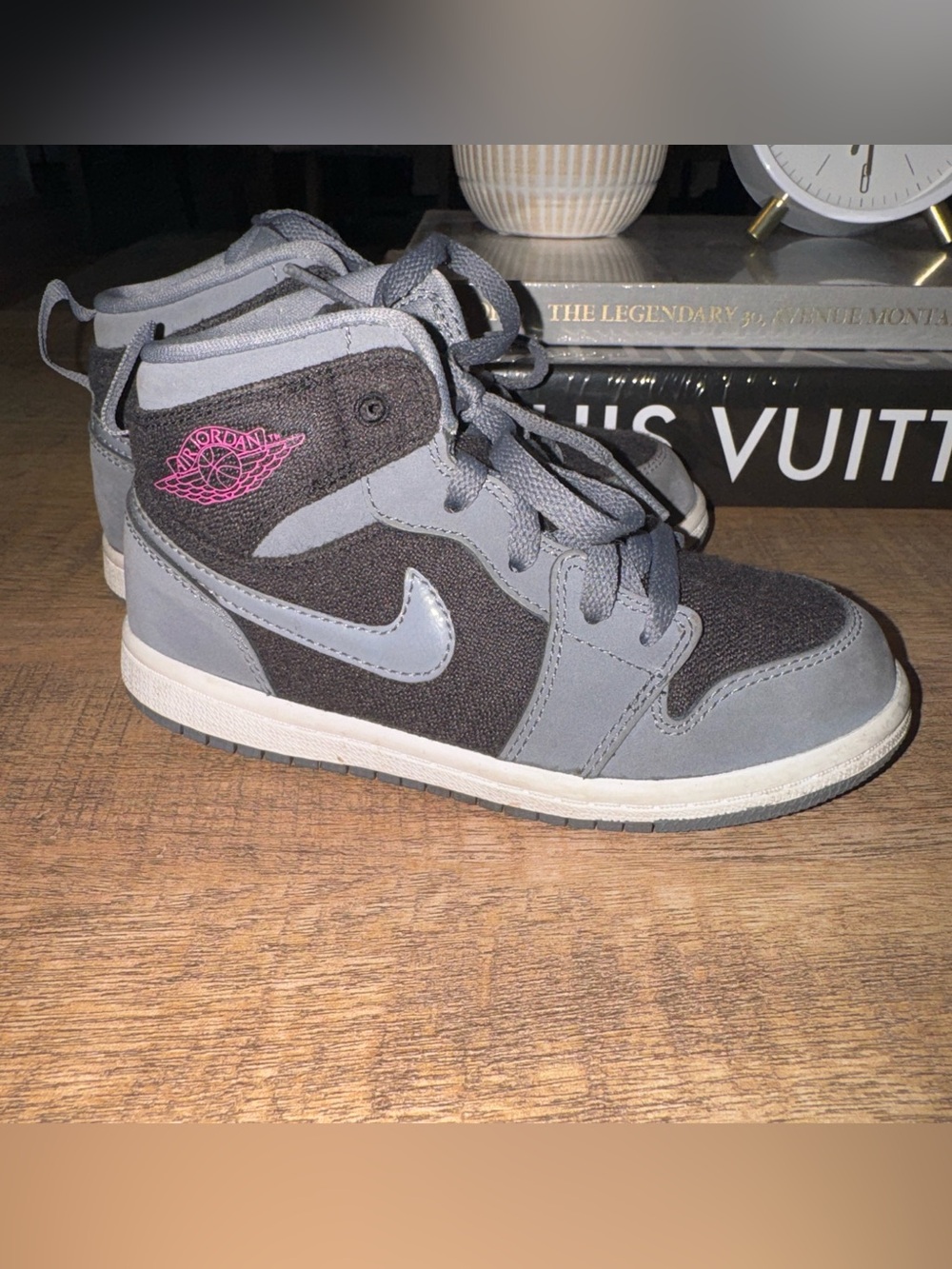 Jordan Gray and Black High-Top Sneakers with Pink Wings Emblem